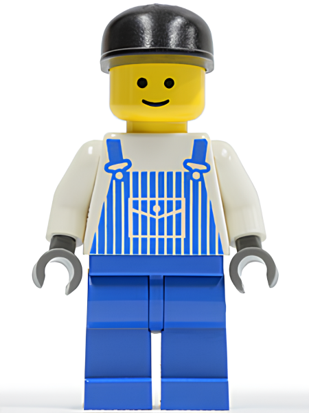 Минифигурка Lego Overalls Striped Blue with Pocket, Blue Legs, Black Cap, Standard Grin ovr025